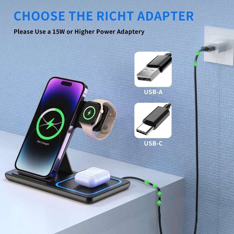 Foldable 3 in 1 30W Wireless Charging Station for iPhone 17 16 15 14 13 12 Pro Max iWatch 11 Airpods Pro Fast Charger Stand Dock