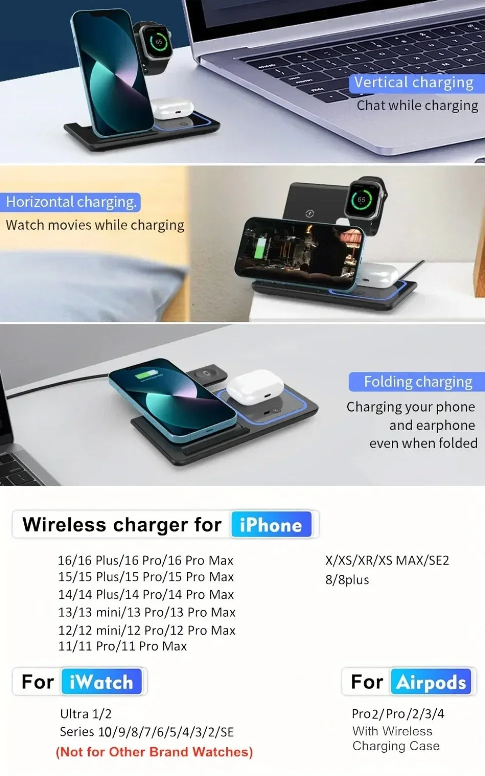Foldable 3 in 1 30W Wireless Charging Station for iPhone 17 16 15 14 13 12 Pro Max iWatch 11 Airpods Pro Fast Charger Stand Dock